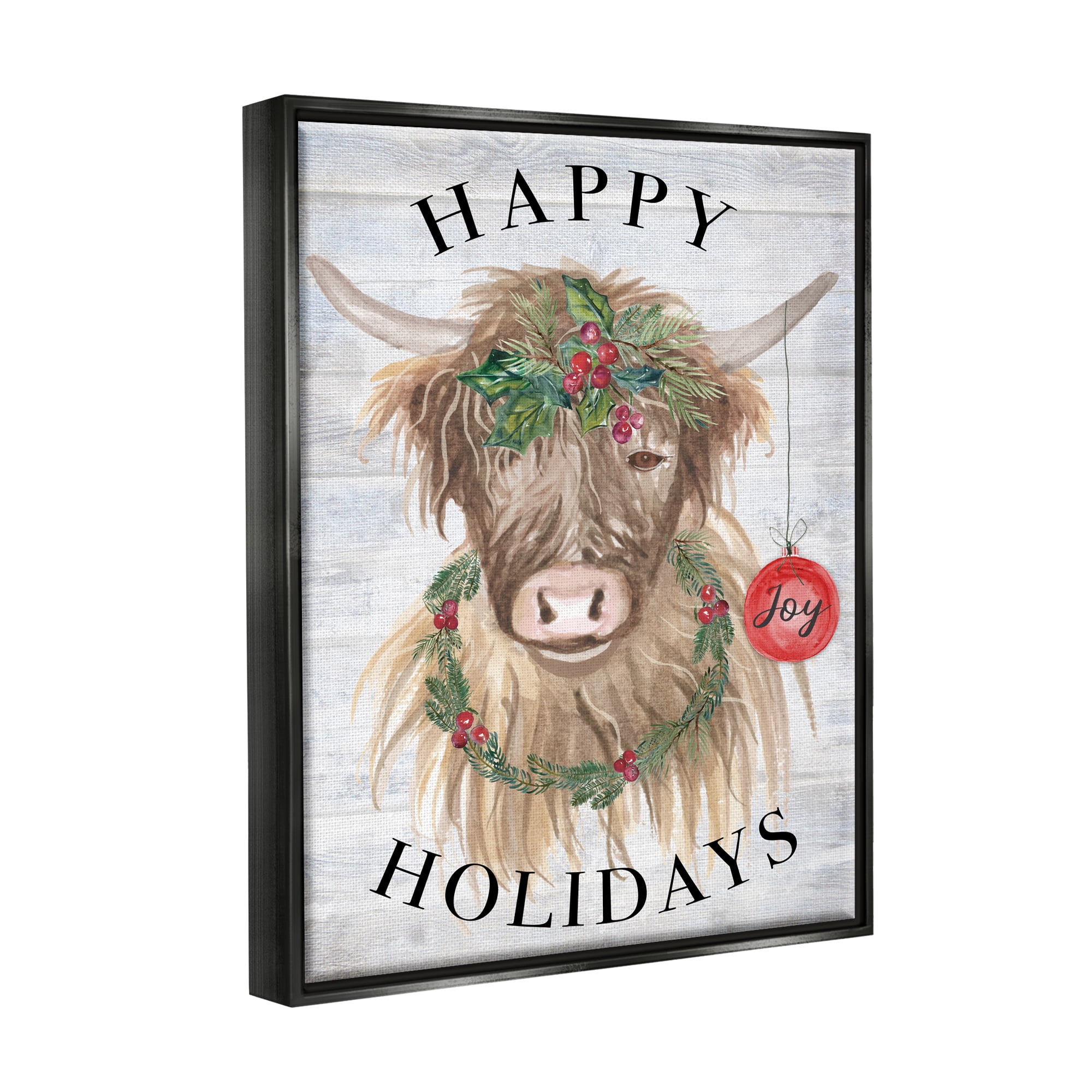 Stupell Industries Farmhouse Holiday Cow Holiday Painting Black Floater Framed Art Print Wall Art, 25 x 31