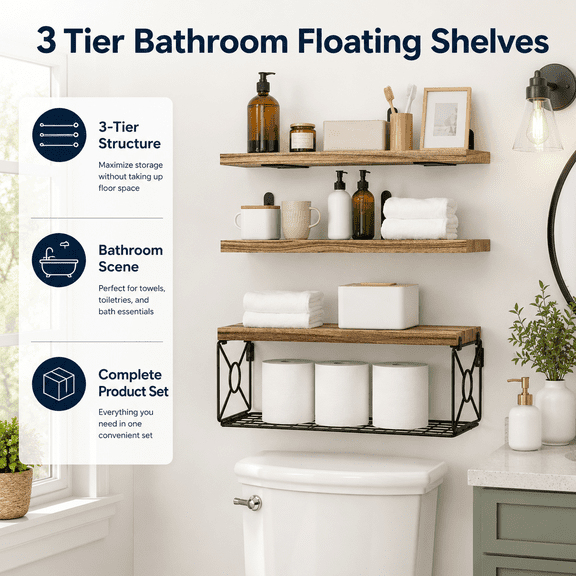 HAWQP Bathroom Floating Shelves, 3 Tier Wall Mounted Storage Shelves Over Toilet Organizer, Rustic Wood Shelf for Bathroom, Bedroom, Kitchen & Home Decor