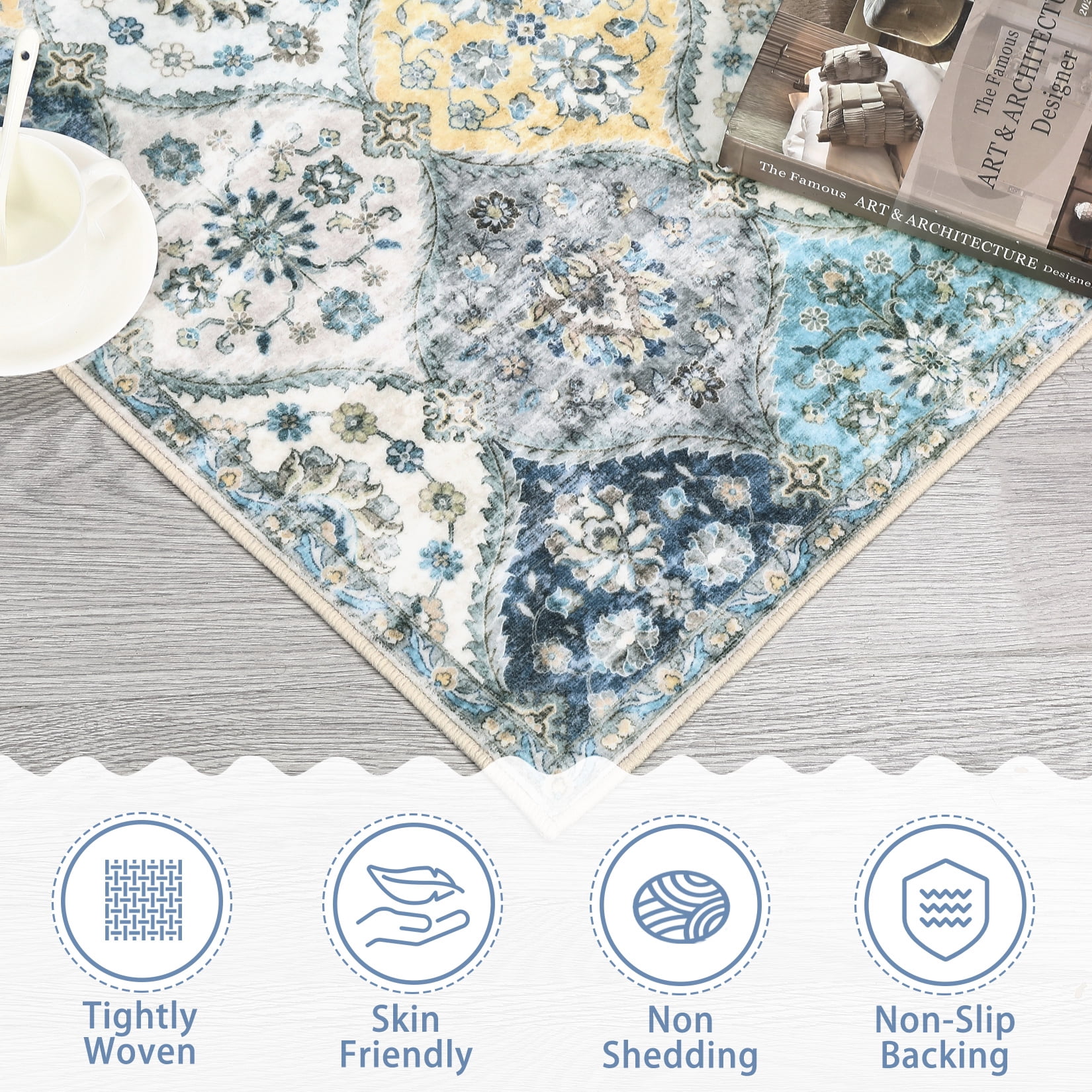 Luku 5ft*7ft Runner Rug Washable Moroccan Trellis Hallway Runner, Non-Slip Stain Resistant Area Rug Vintage Distressed Floral Kitchen Mat Floor Cover Carpet for Doorway Bedside