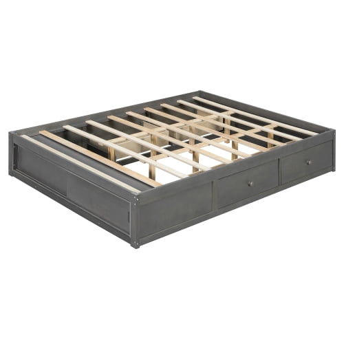 Queen Size Platform Bed Frame with 4 Storage Drawers and Footboard Storage Cubby, No Headboard Design Solid Wood Platform for Bedroom, Gray