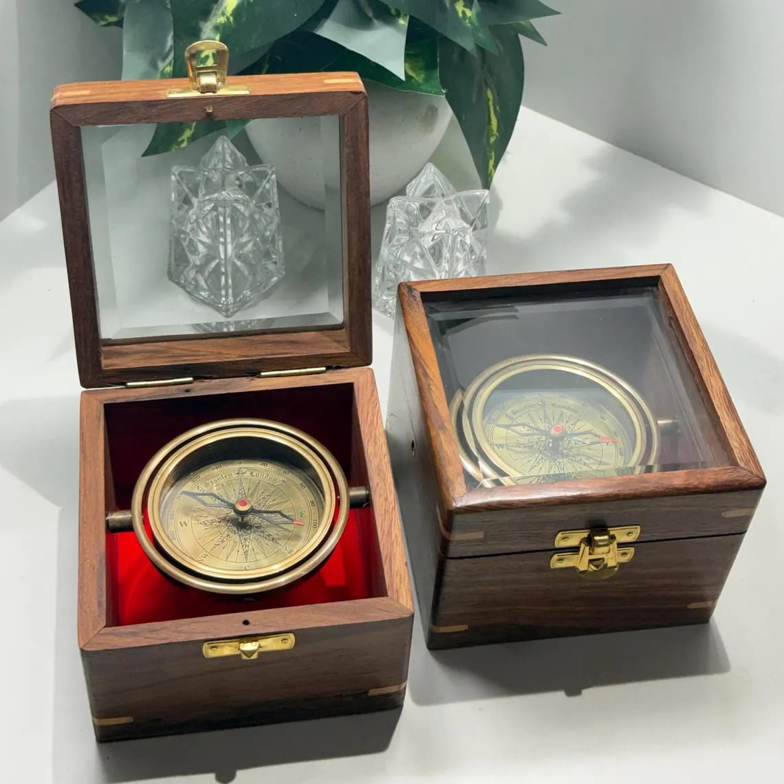 Personalized Brass Gimbal Compass with Wooden Box, 3 Inch Nautical Compass Gift for Him, Anniversary Gift, Maritime Decor, Birthday gift