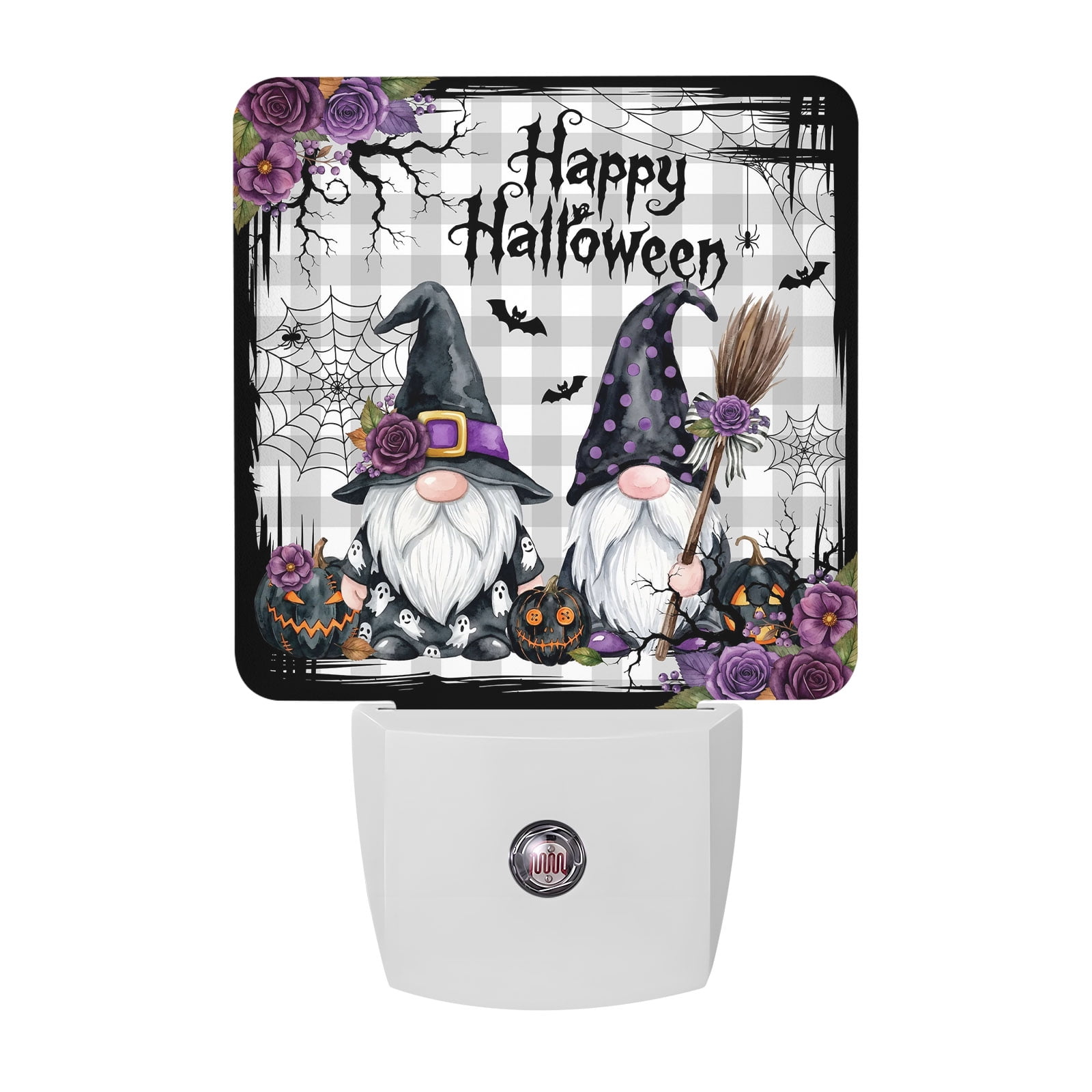 Halloween Night Lights Spooky Gnomes Gingham Country Floral Flying Bats Gray Plaid Smart Auto Dusk to Dawn Sensor Nightlights Plug-in Nightlight for Bedroom Bathroom Living Room Kitchen Hallway