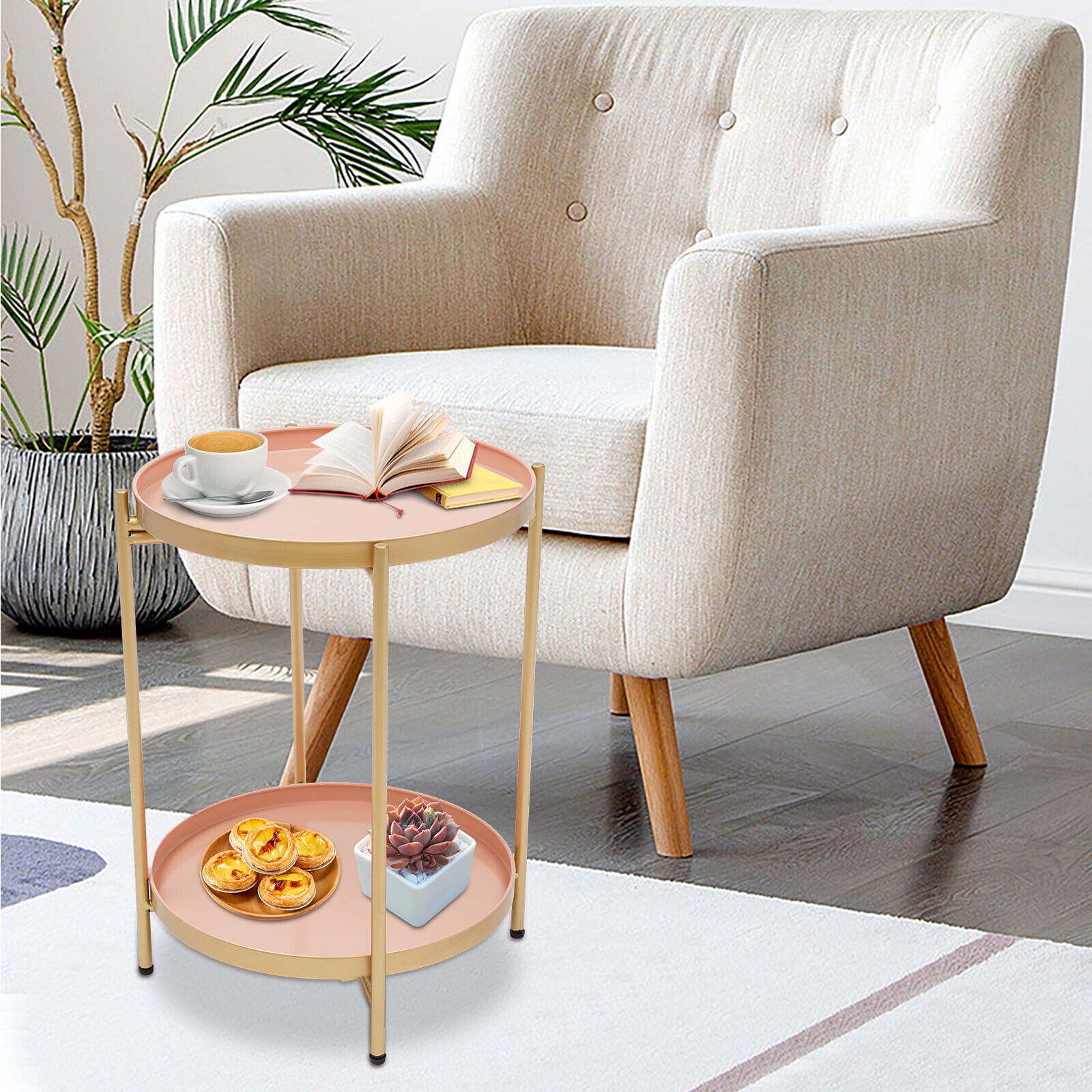 DENEST 20.28inch Metal Folding Round Side Table End Table 2Tier