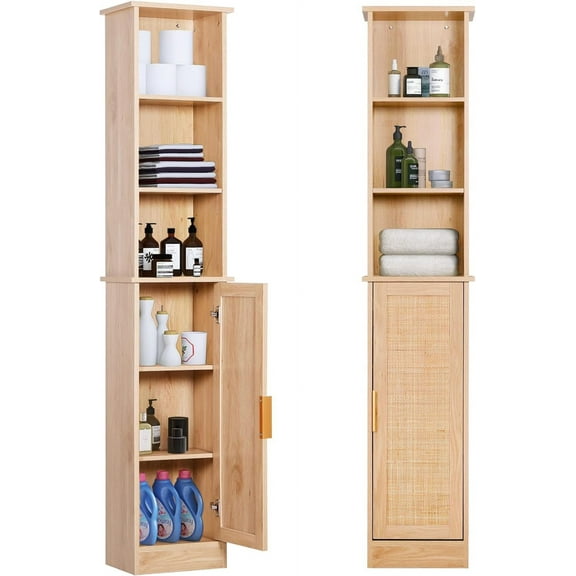 65'' Tall Bathroom Storage Cabinet Organizer Wood Slim Floor Freestanding Cabinet Linen Tower with Door & 6 Shelves, w/Adjustable Shelves for Home, Bathroom, Kitchen (Natural)
