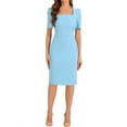 thumbnail image 2 of INSPIRE CHIC Pencil Dress for Women Puff Sleeve Rear Slit Business Casual Square Neck Dresses XS Light Blue, 2 of 5