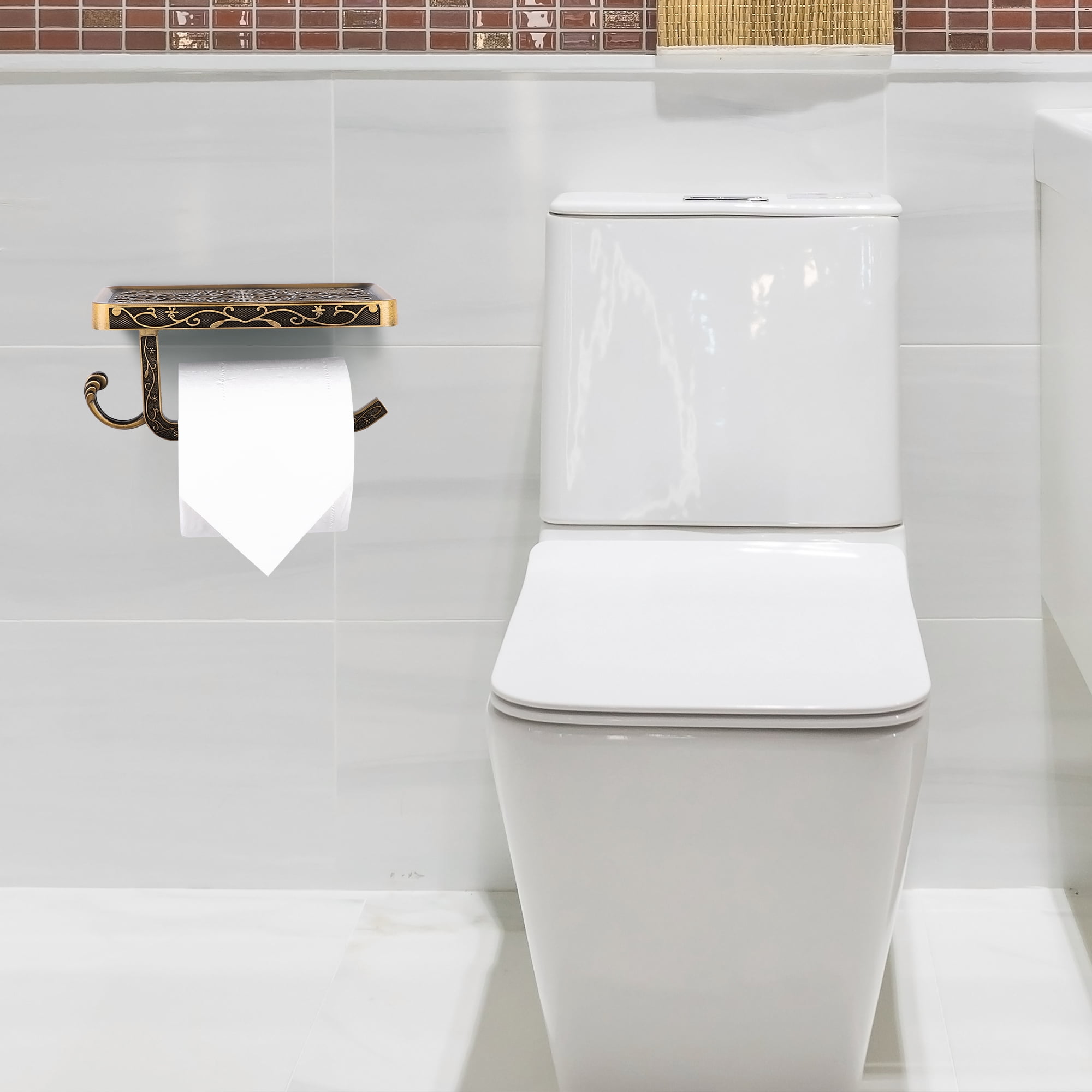 Unique Bargains Toilet Paper Holder with Phone Shelf Aluminum Alloy Holder Copper Tone