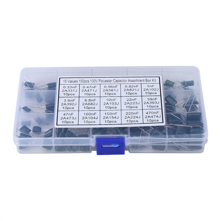 

2024 150pcs 100V 15 Value 0.33nF-470nF Polyester Film Capacitors Assortment Kit Box