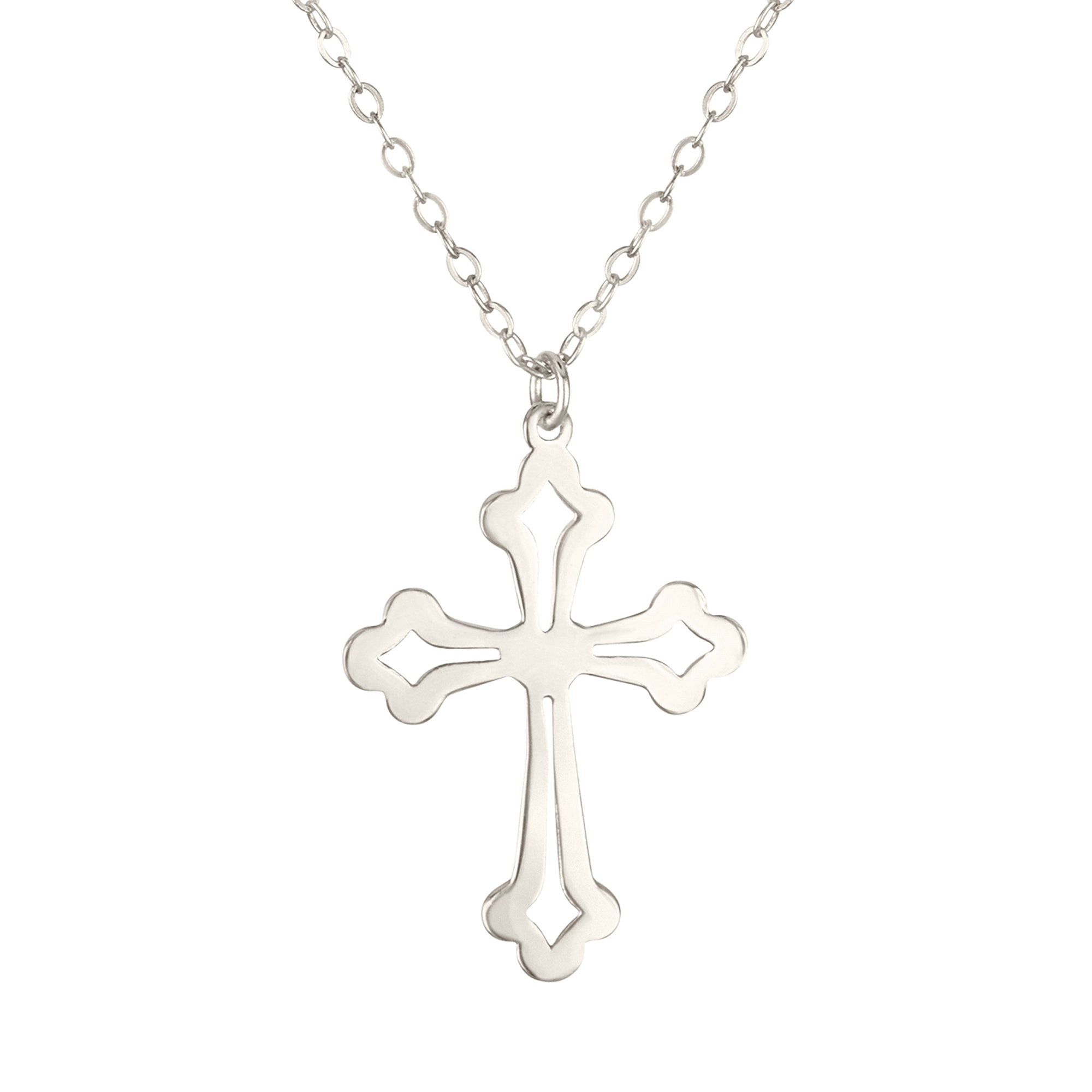 CLEOPIA 925 Sterling Silver Vintage Filigree Cross Necklace – Antique Style Openwork Lace Pendant for Women, Dainty Religious Jewelry with 16-18" Chain (Rhodium Plated)
