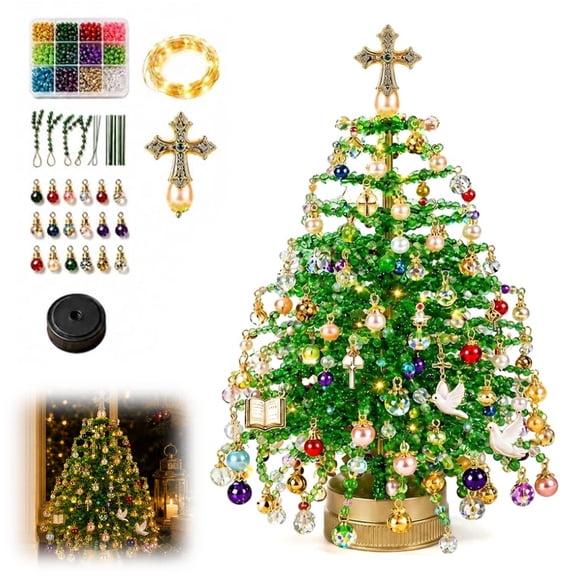 DIY Beaded Christmas Tree Kit with String Lights, 3D Crystal Tree Craft Kit for Adults, Handmade Holiday Tabletop Decor for Christmas Home Decoration