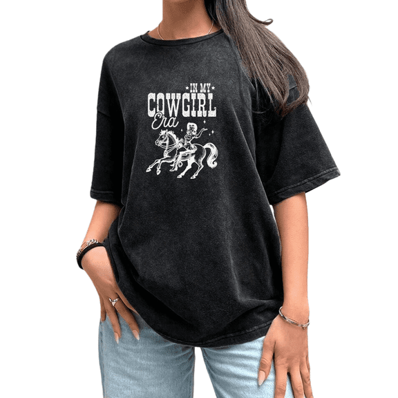 Women's Cowgirl Era Horse-Print Retro Graphic Breathable Washed T-Shirt Comfortable Cotton Black S-2XL Plus Size