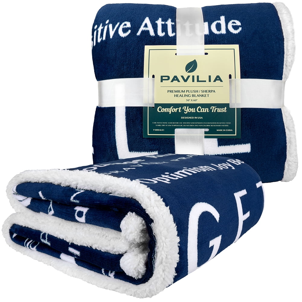PAVILIA Healing Blanket, Get Well Soon Gift Blanket for Women, Men | Warm Hugs Inspirational Gift, Soft Sherpa Fleece Throw with Positive Energy, Comfort, Love for Recovery (50x60, Navy Blue