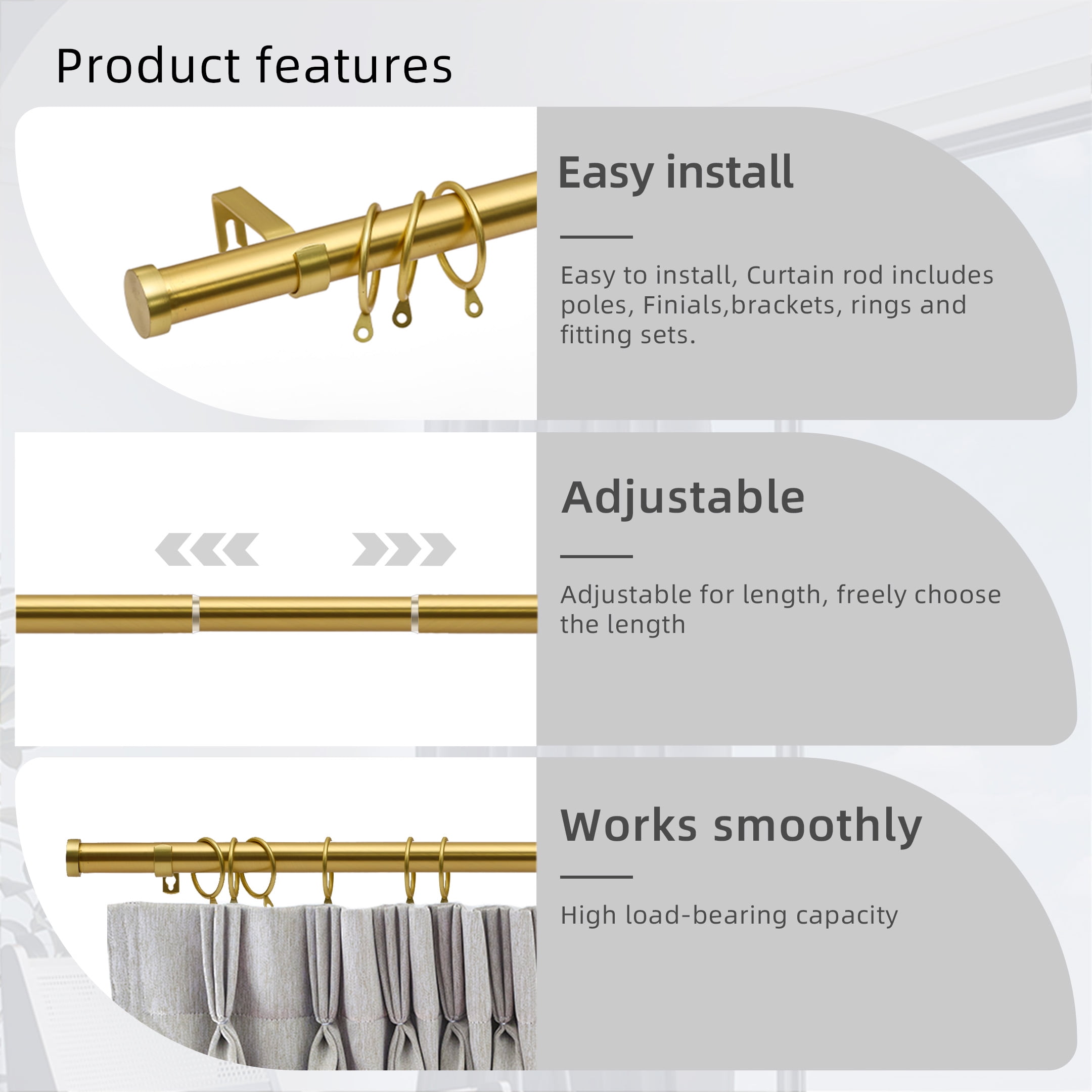 Coquilles 1 Inch Adjustable Single Curtain Rods, Gold with Cap Finials, 36-72 Inches