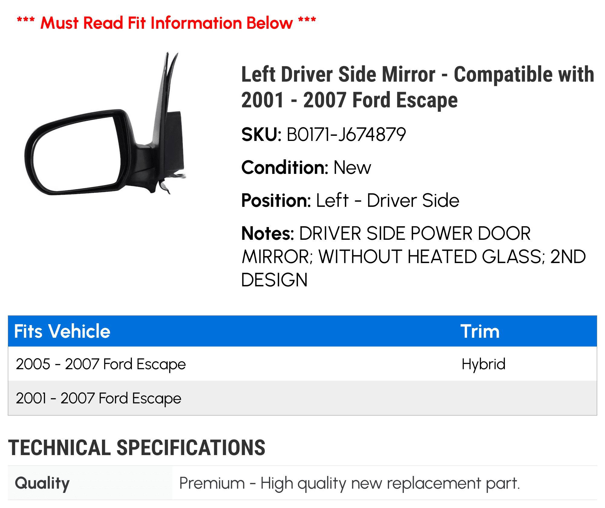 Left Driver Side Mirror - Compatible with 2001 - 2007 Ford Escape 2002 2003 2004 2005 2006