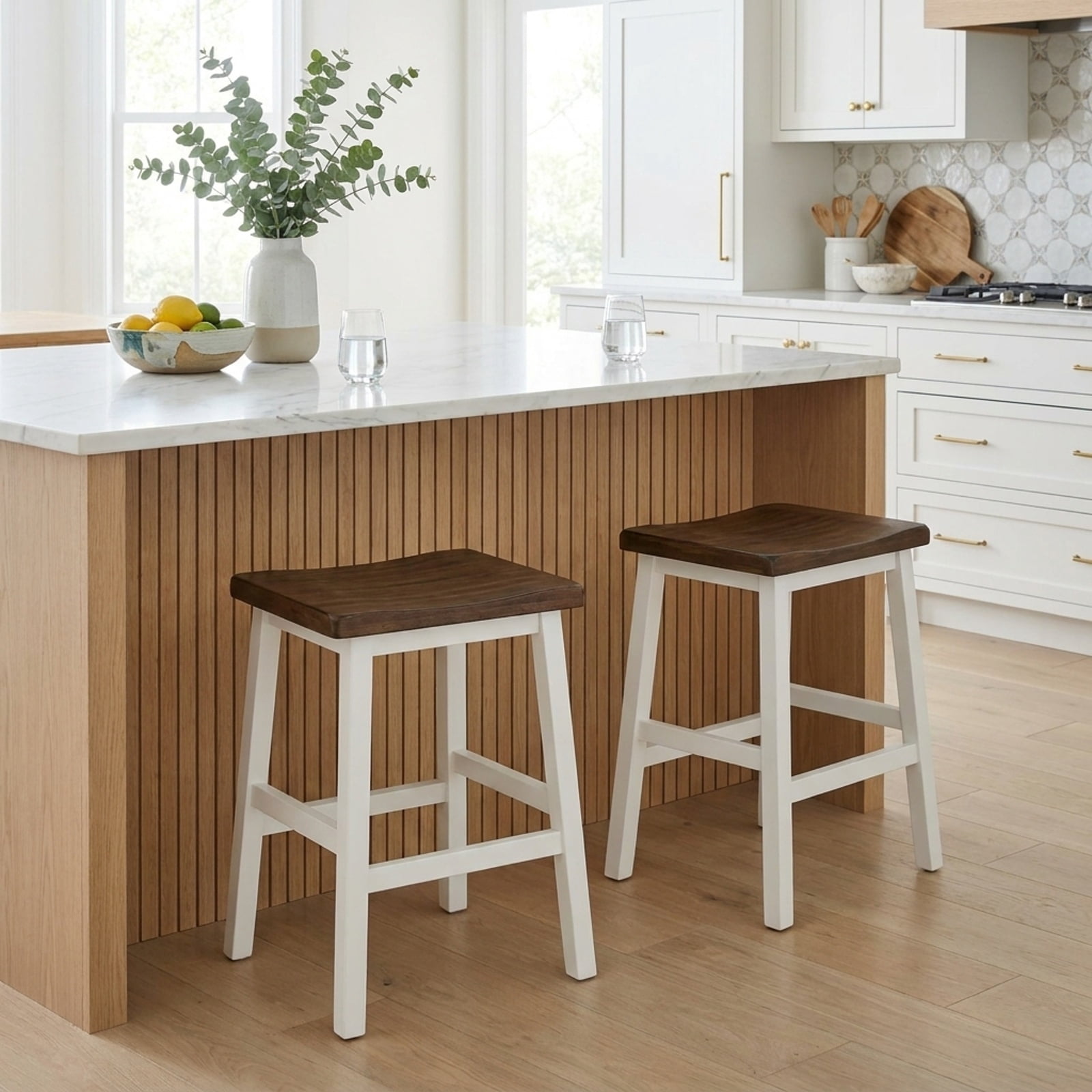 Furnibear 24.5-Inch Set of 2 Saddle Stools Bar Stools with Footrests for Kitchen Island-Walnut & Gray for Kitchen Island Counter Bar Pub, White