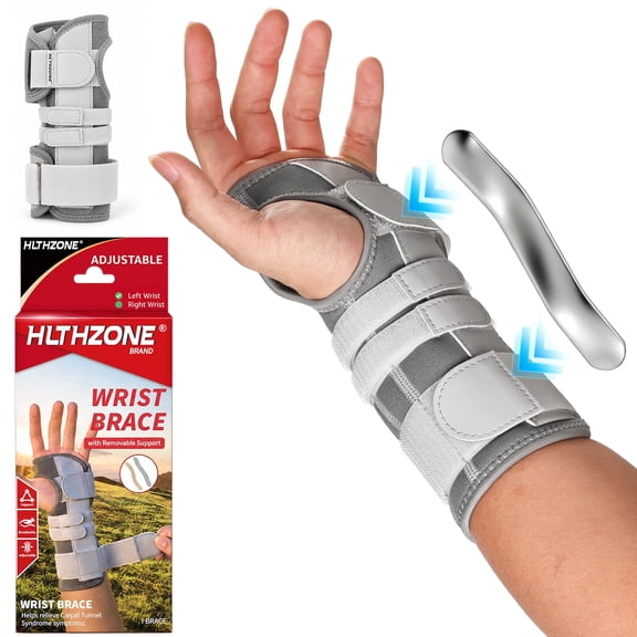 HLTHZONE Carpal Tunnel Wrist Stabilizer, Left Wrist, Adjustable Wrist Brace for Tendonitis & Arthritis, Firm Stability, All Day Wear - Gray