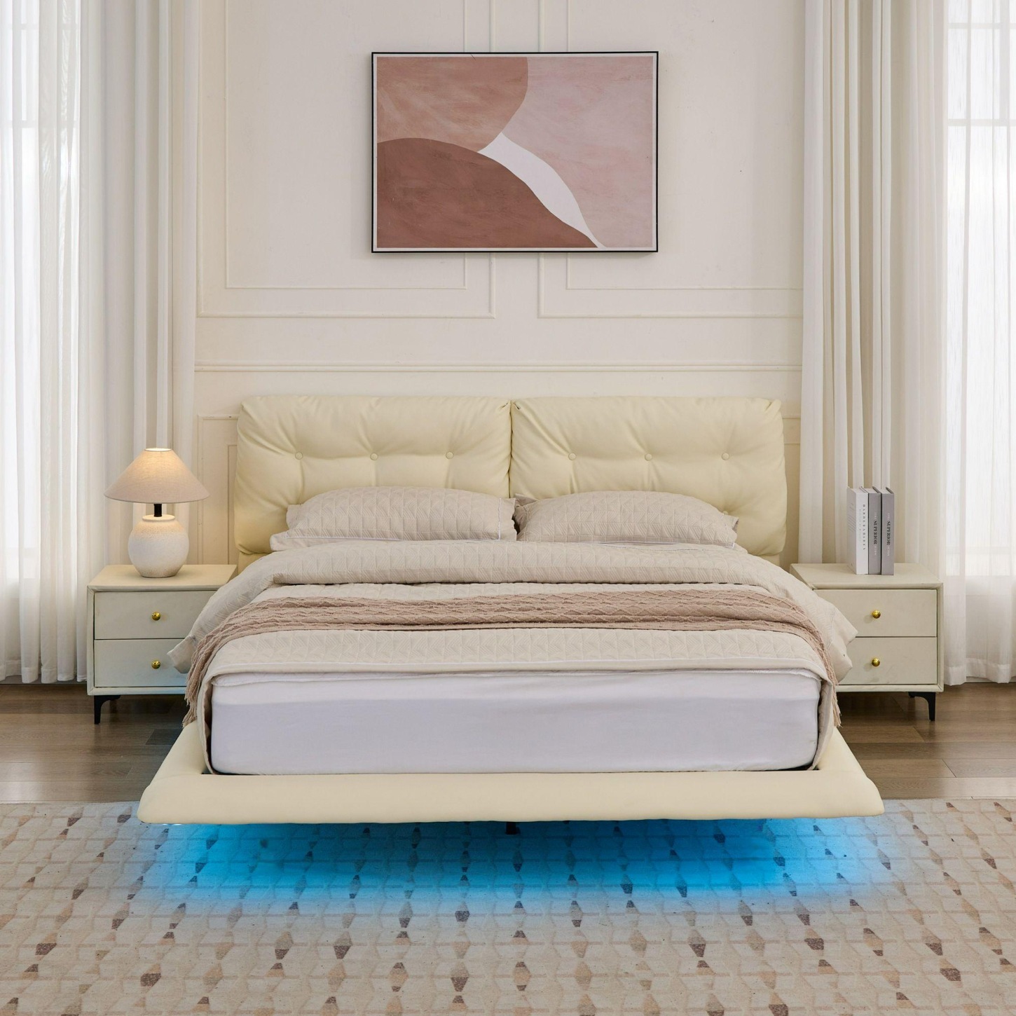 Queen Size Floating Bed Frame with LED Lights, Upholstered Platform Bed with Button Tufted Headboard, No Box Spring Needed, Easy Assembly, White