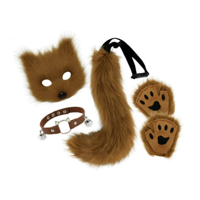 BELOVING Ensemble Collier et Queue d'Animal Visage d'Halloween pour Bal Boîte de Nuit Jeu de Rôle Brun