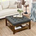 thumbnail image 2 of Large Ottoman with Wood Shelf and Linen Upholstery / Practical Coffee Table for Living Room, 2 of 5