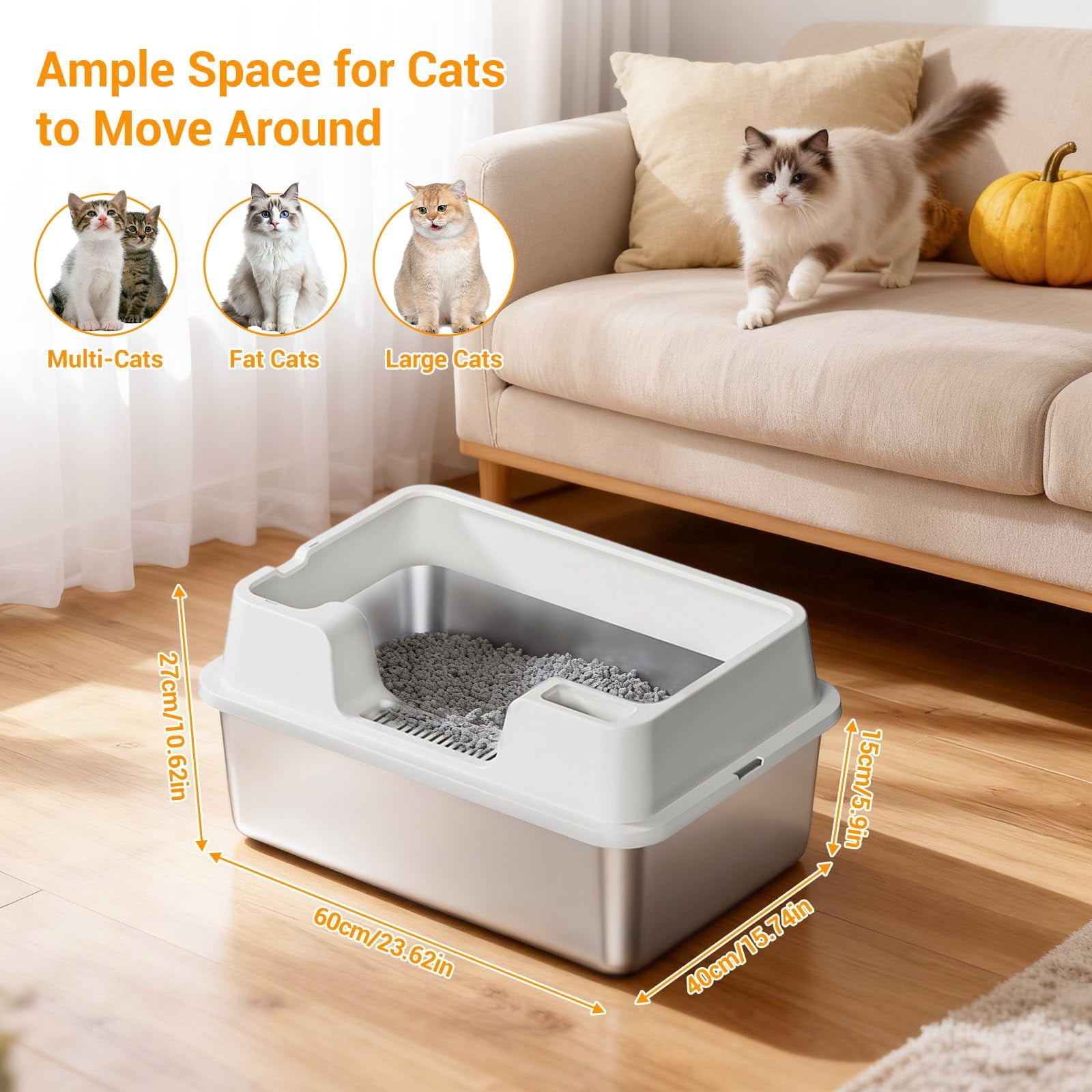 Enclosed Stainless Steel Cat Litter Box with Lid, XL Extra Large Litter Box for Big Cats, Metal Litter Pan High Sided, Never Absorbs Odors, Anti-Urine Leakage, Easy Cleaning, Include Scoop