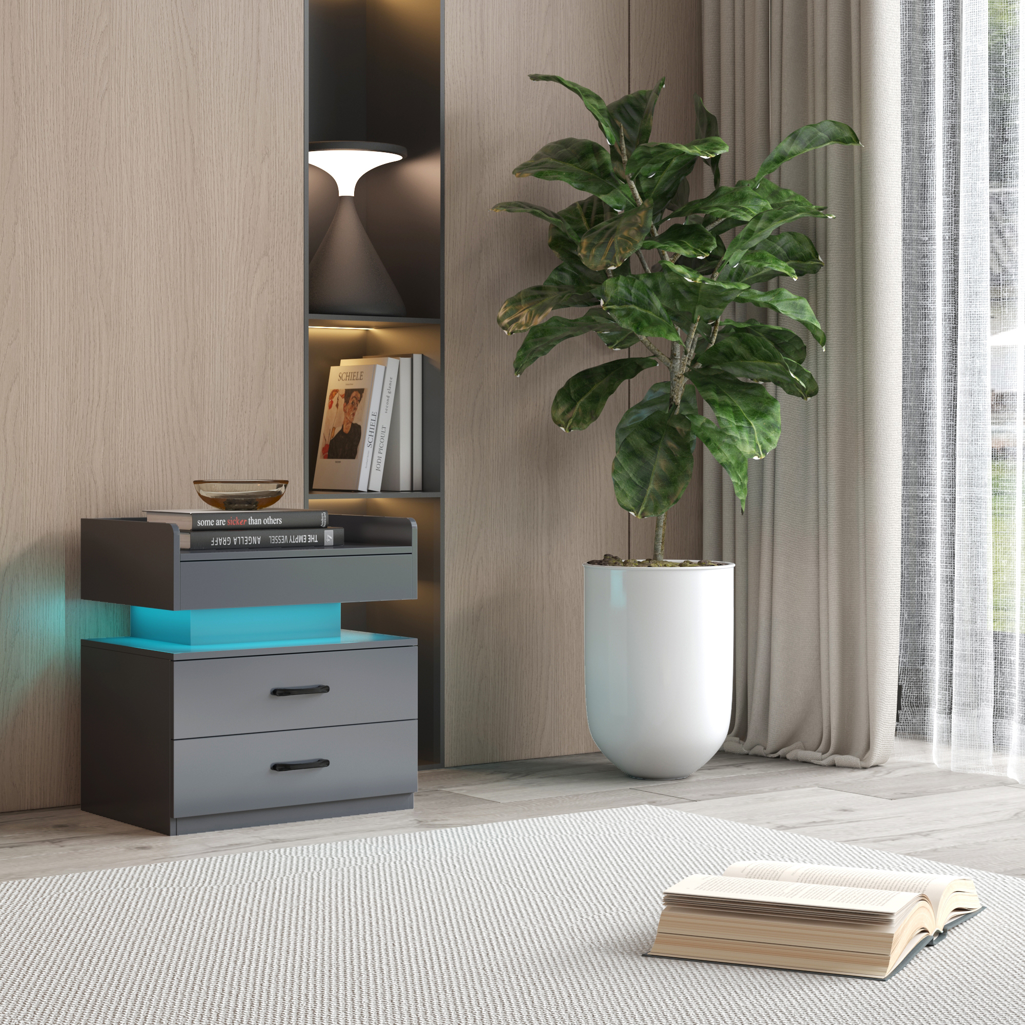 Leumius Nightstand with Adjustable LED & 2-Drawers,Modern Bedside Table, Coffee Table,Sofa Side Table,End Table for Bedroom Living Room,Grey