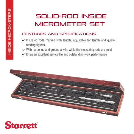 Starrett Solid-Rod Inside Micrometer Set with Case, Insulated Rods, Quick-Reading Figures, Hardened and Ground Anvils - 2-32" Range, 001" Graduations, Padded Case Type - 124DZ