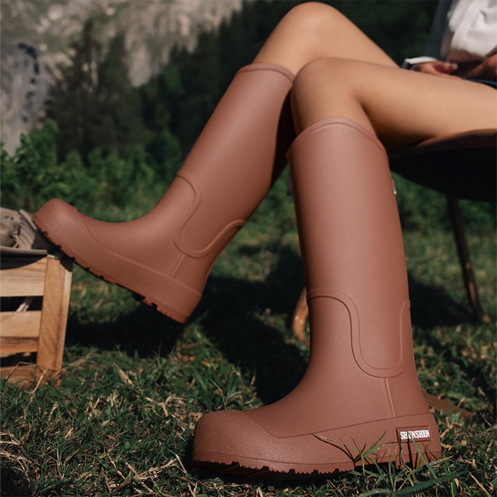 Brown Womens Rain Boots High Top Waterproof Non Slip Comfortable Slip On Casual Outdoor Wear For Spring And Summer Lightweight Durable Size 37
