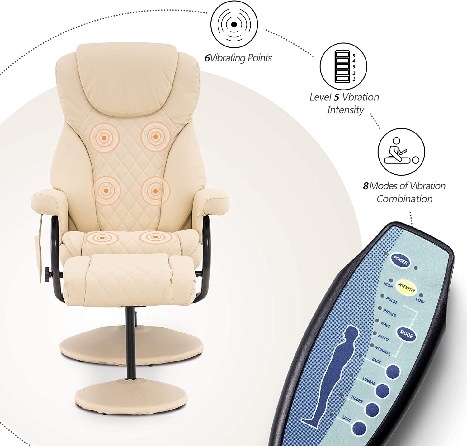 MCombo Massage Recliner Chair with Ottoman for Living Room, Swivel Recling Chair Faux Leather, 4901  (Cream White)