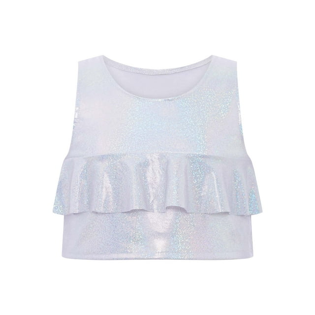 YiZYiF Débardeur Métallisé à Volants pour Filles Sans Manches, Danse Jazz, Court, Col Rond, T-Shirt, Blanc, P
