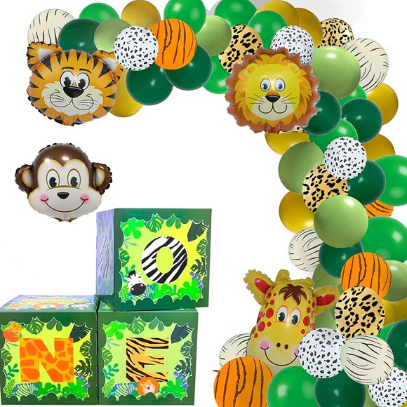 1st Birthday Balloon ONE Boxes for WITH 24 Balloons - Baby first Birthday Decorations Jungle Safari Decor for Baby Boys Girls Birthday Party Supplies Milestone Cake Smash Photo Props Backdrop
