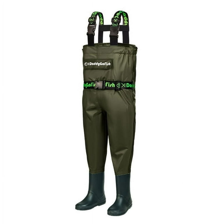 DaddyGoFish Chest Wader for Kids and Adults, Fishing and Hunting Waders  with a Pocket and a Wader Hanger (Green, Age 7-8) 