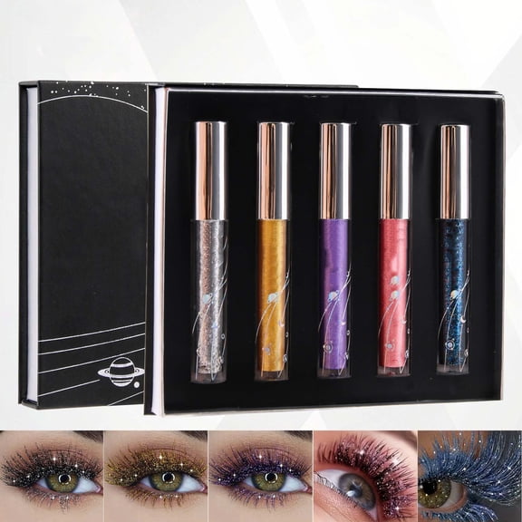 QunYou 5Pcs Glitter Waterproof Mascara Set Volumizing Lengthening Shiny Color Pearl Eyelash Makeup for Women