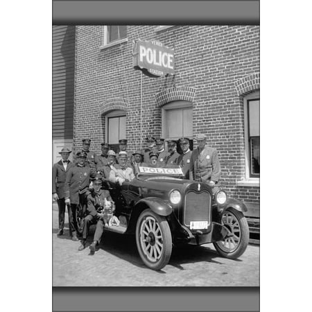 24"x36" Gallery Poster, Fifteen uniformed policemen gather around a police car adjacent to the Venice Police Station, ca.1920