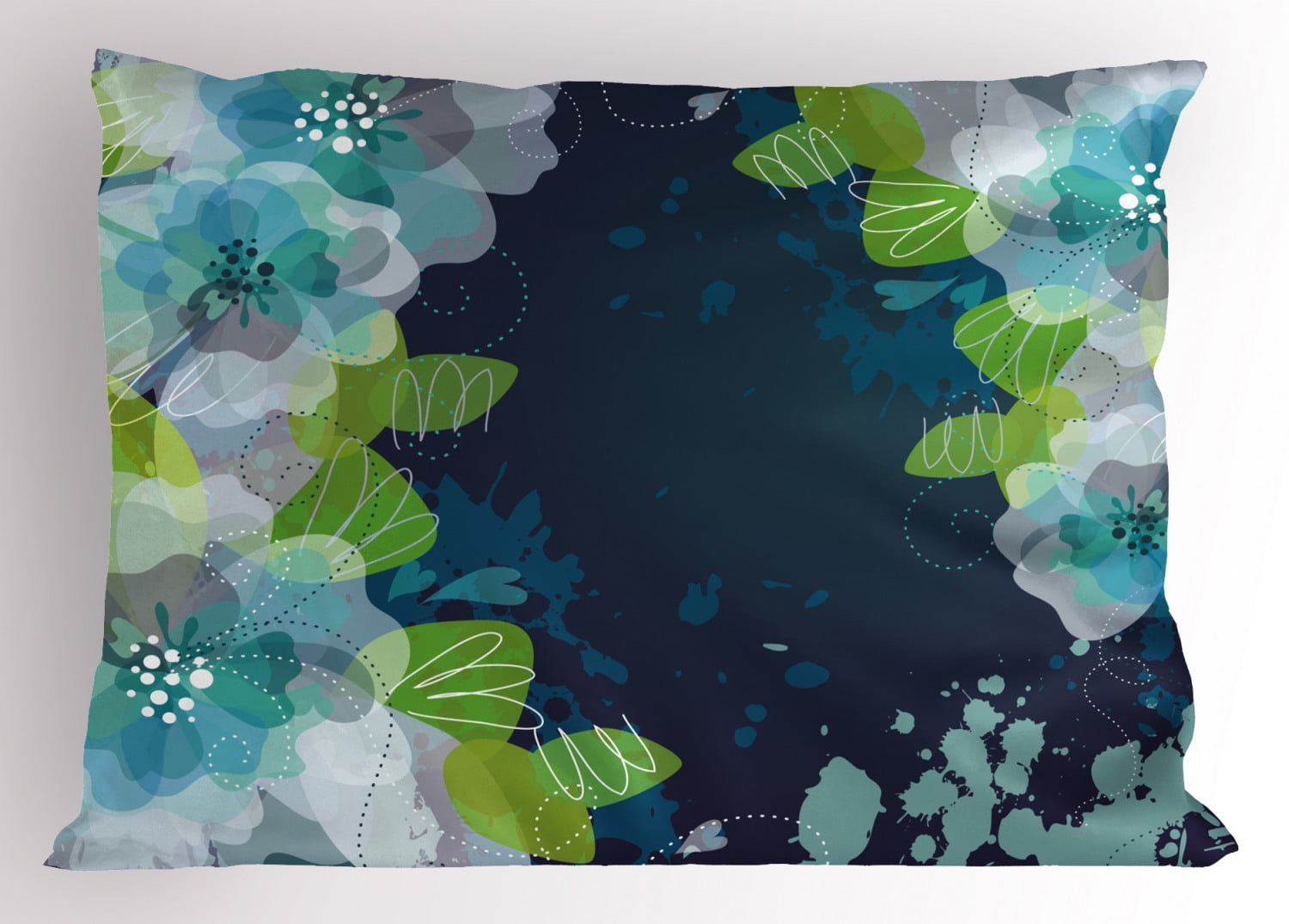 Navy Pillow Sham Sketchy Abstract Blossoms Flowers with Leaves on