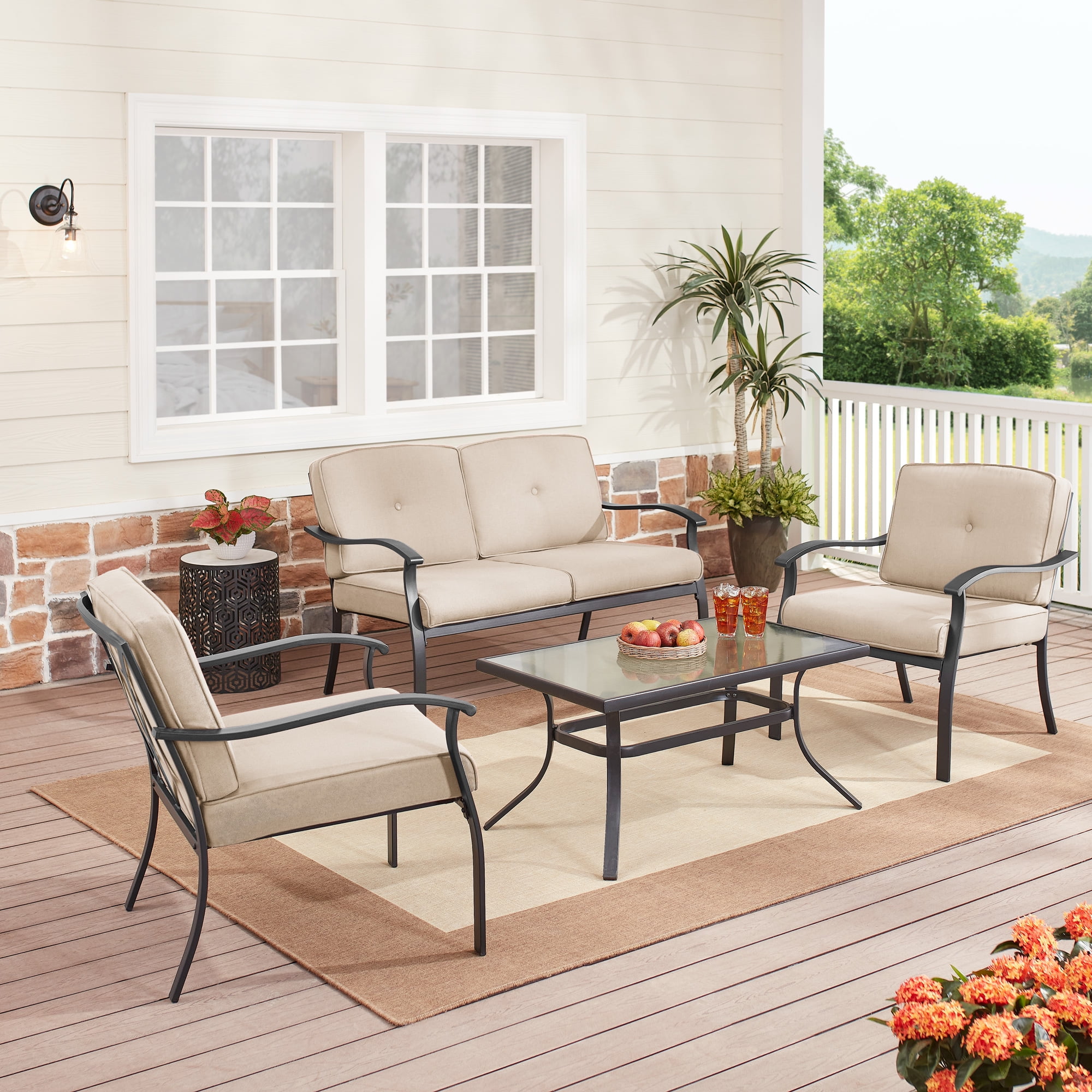 PatioFestival Patio Conversation Set Cushioned Outdoor Furniture Sets with All Weather Frame 4Pcs, Beige 