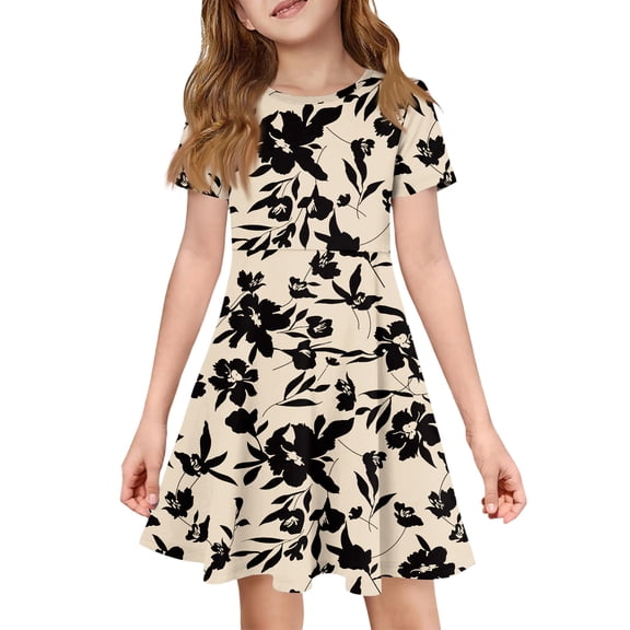 CCRFTGI Short Sleeve Dresses for Kids Girls 7-8 Basic Summer A Line Skater Dress Funny Maple Leaf Print Dresses Holiday Girls Clothes Fashion Beige 12-13 Years