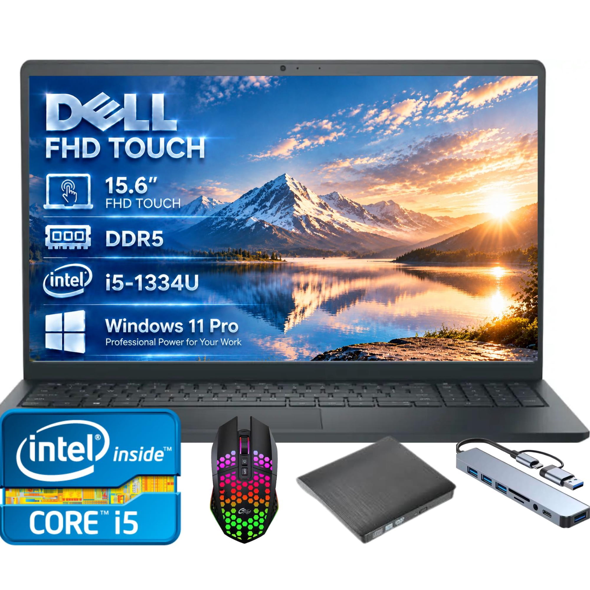 Dell DC15250 15.6 FHD Touch Laptop Intel Core i5-1334U 16GB DDR5 RAM 256GB SSD Windows 11 Pro Carbon Black