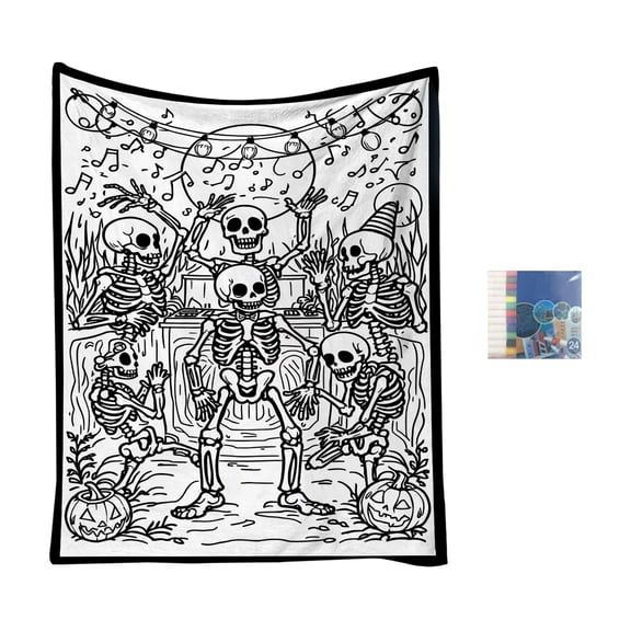 145x125cm Halloween DIY Coloring Throw Blanket For Adults Washable Bed Cover With Marker Pens Black Tone