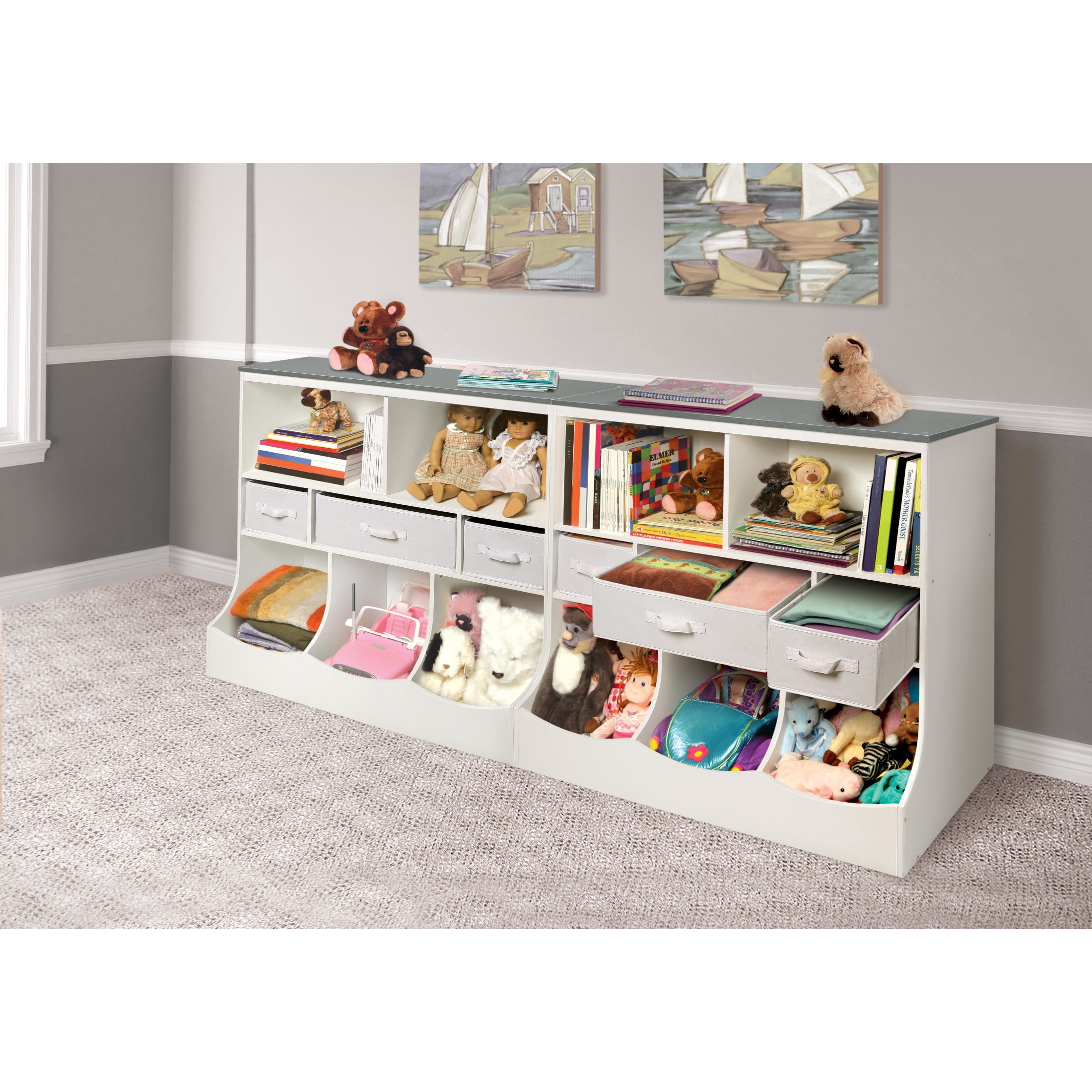 Badger Basket Combo Bin Wood Toy Storage Organizer with Three Baskets 8.6 Cu ft.- White/Gray