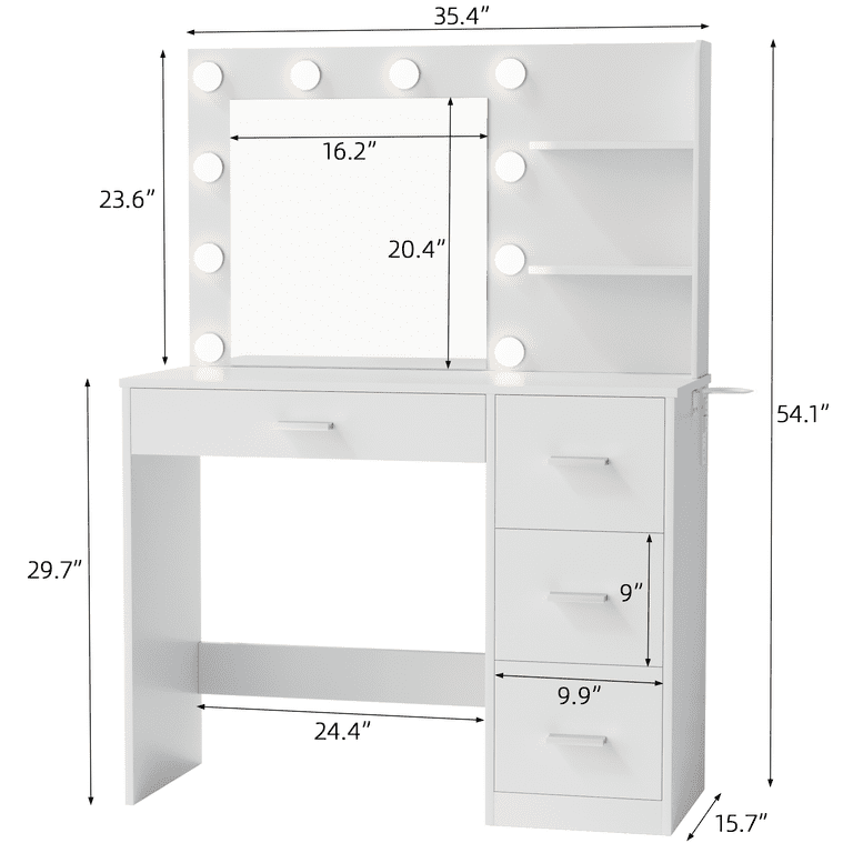 Vineego Makeup Vanity with LED Lights, Vanity Set with Charging Station & Ample Storage, Vanity Desk for Bedroom & Dressing Room, White