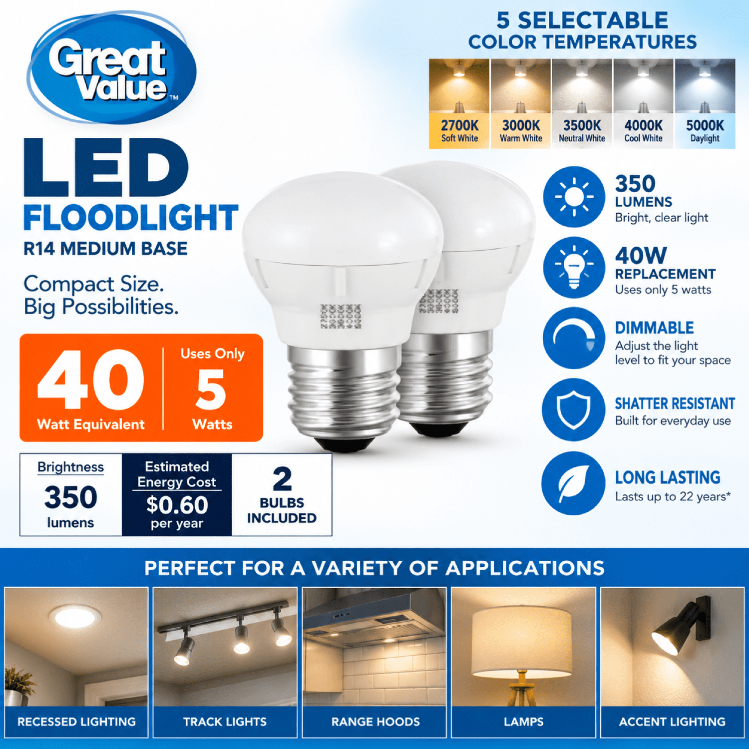 Great Value LED Light Bulb, 5 Watts (40W Equivalent) R14 Floodlight Lamp E26 Medium Base, Dimmable, 5ACT, 2-Pack