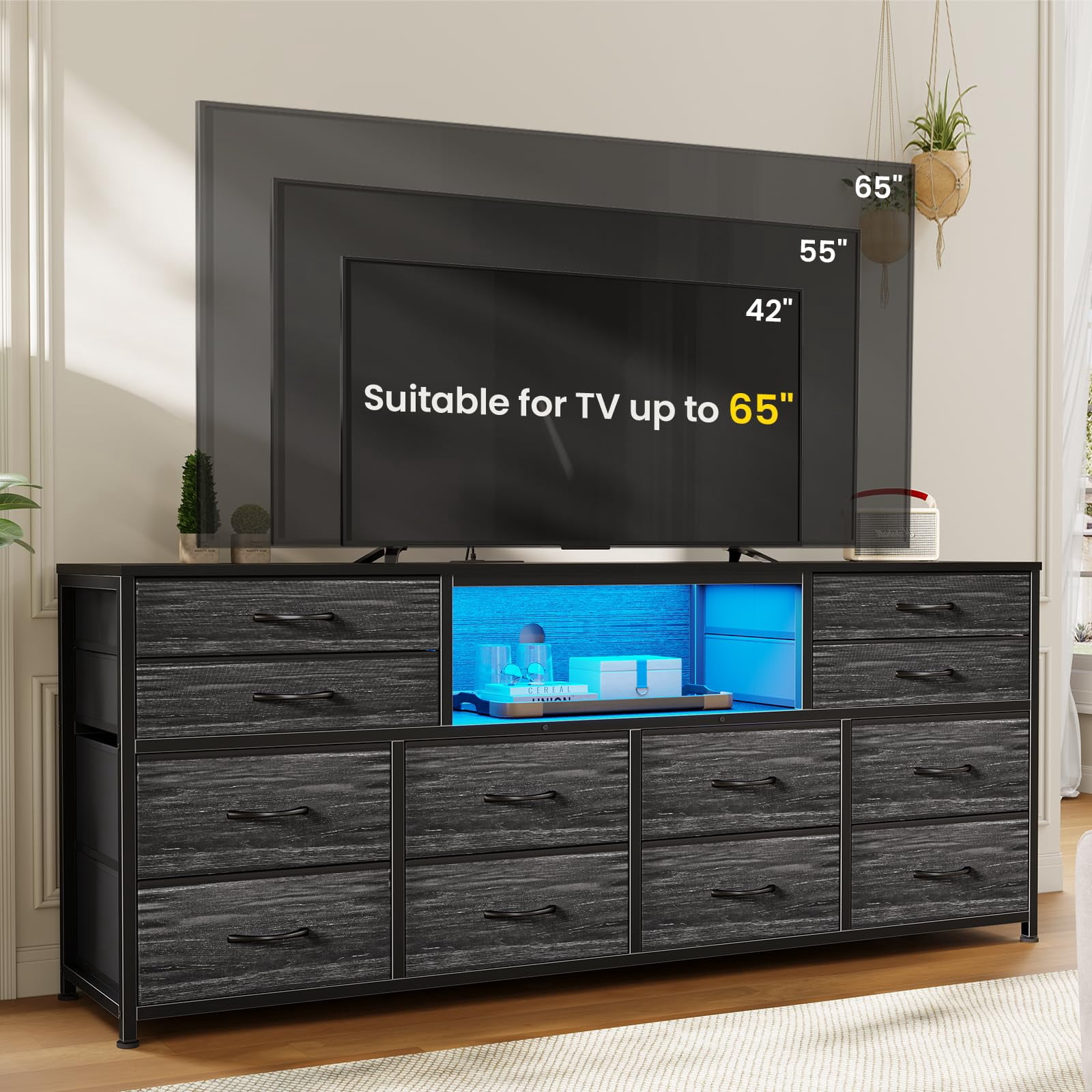 63 inch TV Stand Dresser with LED Light and Power Outlets for Bedroom , Media Console Table for 32/45/55/65 inch TVs,Entertainment Center with 12 Drawers,Black Wood Grain