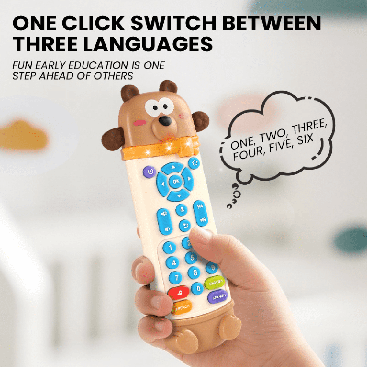 Baby Remote Control Toy with Silicone Teether, Remote Teether for Baby with Realistic Lights and Sounds - 3 Languages (English, Spanish & French), Baby Musical Toys Gifts for Boys Girls 6 Month+