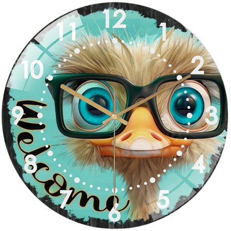 Decorative Clocks: Welcome Ostrich Glass Wall Clock, Ostrich Rustic Decor Wall Clock for Homes