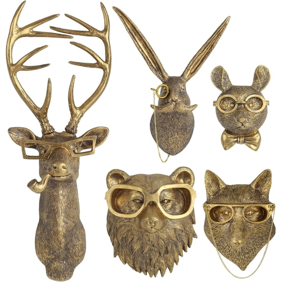 5 Pack Animal Head Wall Decor Gold Wall Sculpture Home Decor for Office Bedroom Modern Decor for Men Women
