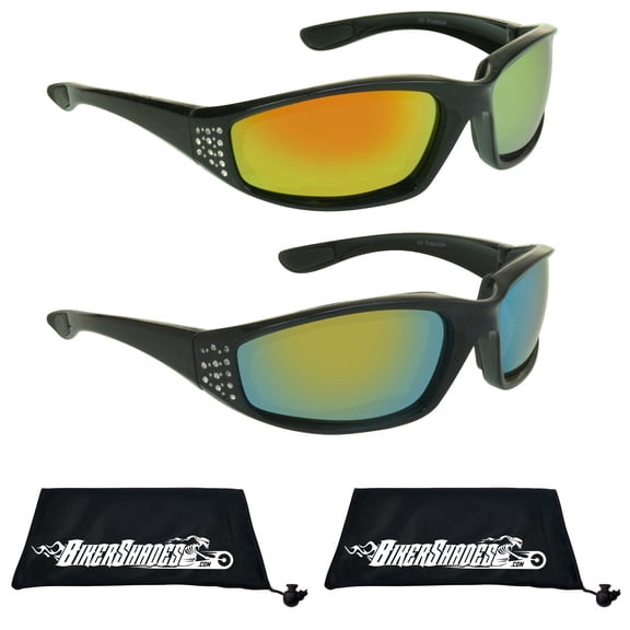 Bikershades Women Rhinestone Motorcycle Safety Sunglass Orange & Green Mirror Lens