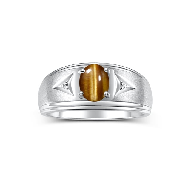 RYLOS Men's Rings 14K White Gold Classic 8X6MM Oval Gemstone & Diamond Ring Tiger Eye November Birthstone Rings For Man Gold Rings Size 9