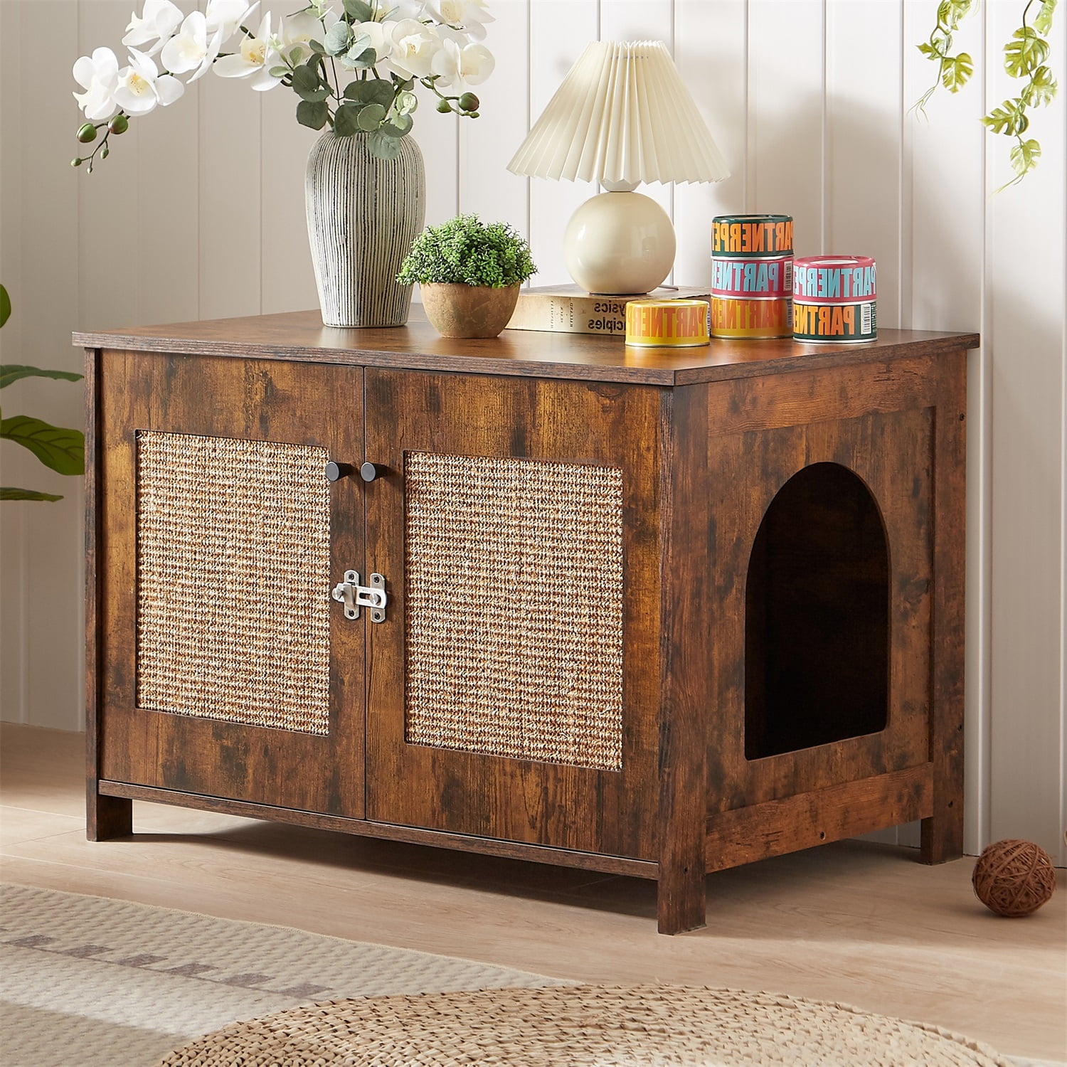 Pefilos 31" Wooden Cat Litter Box Enclosure Tabletop for Nightstand, Litter Box Hidden Cat House, Brown Pefilos 31" Wooden Cat Litter Box Enclosure Tabletop for Nightstand, Litter Box Hidden Cat House, Brown
