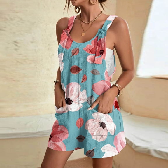 Summer Tank Top Romper for Women Casual Floral Print Short Jumpsuit with Pocket Tie Shoulder One Piece Workout Overalls, Green, XXXL