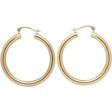 Crystal Accent 14kt Yellow Gold Polished Round Silicone-Filled Hoop Earrings