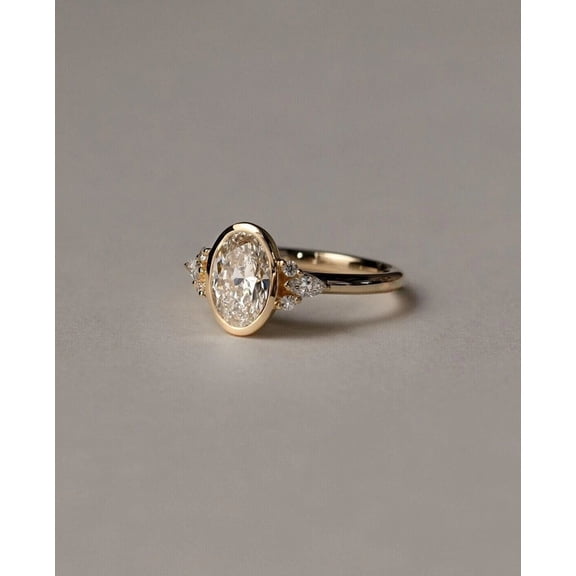 Diiro Oval Cut Bezel Set Engagement Ring with Cluster Moissanite Accent Stones, 10K Vermeil Yellow Gold Ring, Wedding Proposal Ring